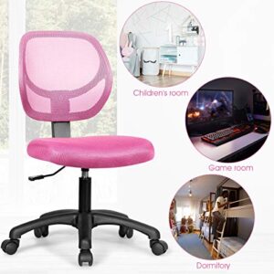 Giantex Kids Desk Chair, Low-Back Mesh Children Computer Task Chair with Adjustable Height & Support Lumbar, Upholstered Mesh Swivel Chair for Boys Girls (Pink)