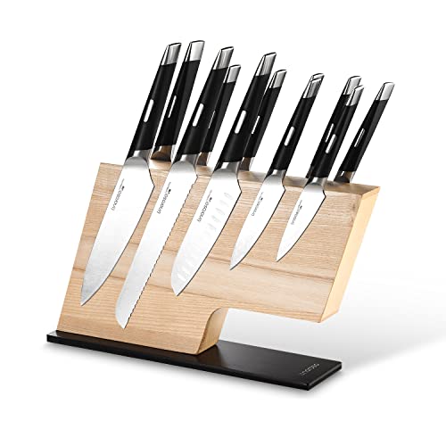 Linoroso Magnetic Knife Block Knife Holder Knife Stand, Super Strong Magnet Double Sided Kitchen Knives Storage Fitted, American Ash Wood, Black Oxide Stainless Steel Base