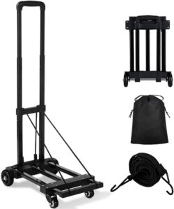 orange tech folding hand truck, 220 lbs heavy duty luggage cart, 4 wheels solid construction, portable fold up dolly, compact and lightweight for luggage, personal, travel, moving and office use