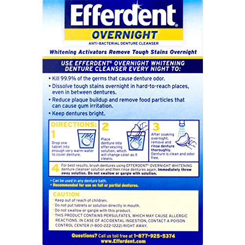 Efferdent PM Overnight Clean Anti-Bacterial Denture Cleanser Tablets, Kills Odor-Causing Bacteria with Powerful Oxi-Action, 90 Count (Pack of 1)