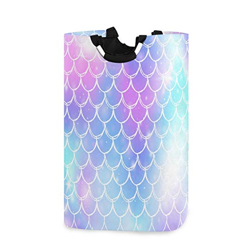 Princess Mermaid Kawaii Rainbow Scales Laundry Hamper Basket Bucket Sea Fish Tale Foldable Dirty Clothes Bag Washing Bin Toy Storage Organizer for College Dorms, Kids Bedroom,Bathroom