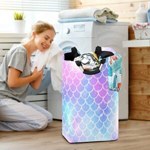 Princess Mermaid Kawaii Rainbow Scales Laundry Hamper Basket Bucket Sea Fish Tale Foldable Dirty Clothes Bag Washing Bin Toy Storage Organizer for College Dorms, Kids Bedroom,Bathroom