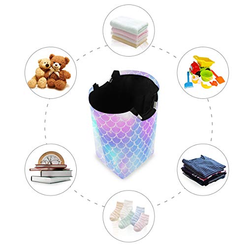 Princess Mermaid Kawaii Rainbow Scales Laundry Hamper Basket Bucket Sea Fish Tale Foldable Dirty Clothes Bag Washing Bin Toy Storage Organizer for College Dorms, Kids Bedroom,Bathroom