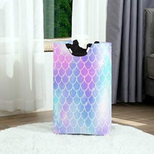 Princess Mermaid Kawaii Rainbow Scales Laundry Hamper Basket Bucket Sea Fish Tale Foldable Dirty Clothes Bag Washing Bin Toy Storage Organizer for College Dorms, Kids Bedroom,Bathroom