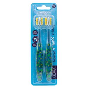 ooak,manual kids toothbrush, tapered v++max soft bristles, 2 pack - dinosaur