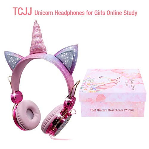 Unicorn Kids Headphones for Girls Children Teens, Wired Headphones for Kids with Adjustable Headband, 3.5mm Jack and Tangle-Free Cord, Over On Ear Headset w/Mic for School Birthday Xmas Unicorn Gift