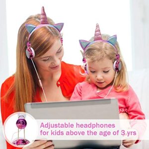 Unicorn Kids Headphones for Girls Children Teens, Wired Headphones for Kids with Adjustable Headband, 3.5mm Jack and Tangle-Free Cord, Over On Ear Headset w/Mic for School Birthday Xmas Unicorn Gift