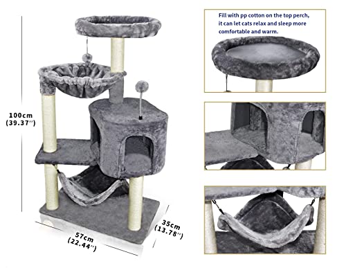 Newest Cat Tree with Cat Condo and Big Hammock，Grey