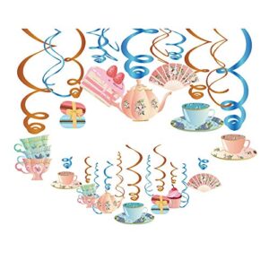 kristin paradise 30ct tea time hanging swirl decorations, english tea ceremony party supplies, alice in wonderland birthday theme vintage floral decor for boy girl baby shower, teacup teapot favors