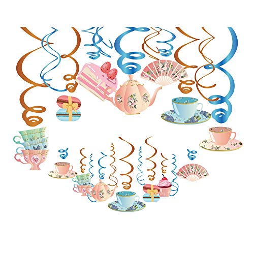 Kristin Paradise 30Ct Tea Time Hanging Swirl Decorations, English Tea Ceremony Party Supplies, Alice in Wonderland Birthday Theme Vintage Floral Decor for Boy Girl Baby Shower, Teacup Teapot Favors