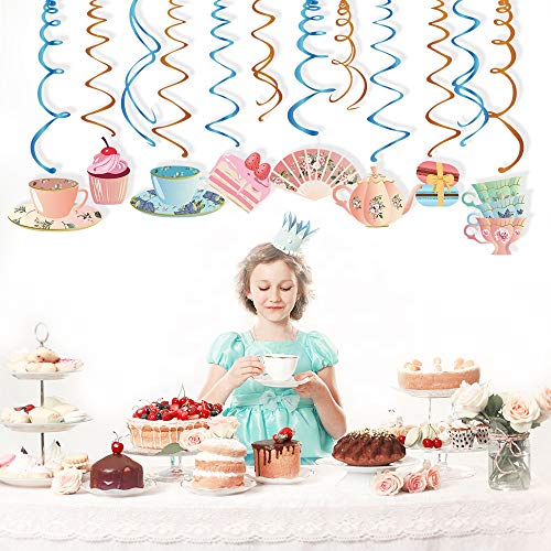 Kristin Paradise 30Ct Tea Time Hanging Swirl Decorations, English Tea Ceremony Party Supplies, Alice in Wonderland Birthday Theme Vintage Floral Decor for Boy Girl Baby Shower, Teacup Teapot Favors
