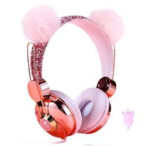 loakyo kids headphones for girls, cute bear ear wired girls headphones with microphone for school travel christmas birthday gifts (pink)