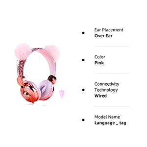 LOAKYO Kids Headphones for Girls, Cute Bear Ear Wired Girls Headphones with Microphone for School Travel Christmas Birthday Gifts (Pink)