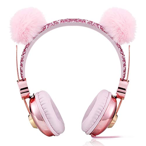 LOAKYO Kids Headphones for Girls, Cute Bear Ear Wired Girls Headphones with Microphone for School Travel Christmas Birthday Gifts (Pink)