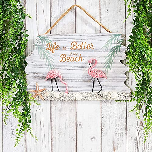 Juvale Flamingo and Life is Better at The Beach Hanging Wall Decoration (14 x 9 Inches)