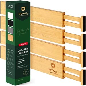royal craft wood adjustable bamboo drawer dividers organizers (17" - 21.5") - expandable drawer organization separators for kitchen, clothes, bedroom, 4-pack, (natural)
