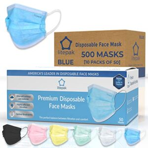 Litepak 500pcs Premium Disposable Face Mask SOFT 3ply Nose Wire - Blue