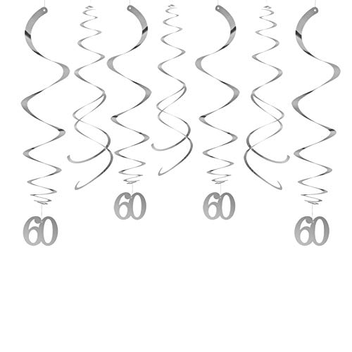 AimtoHome Party Swirl Decorations, Silver 60th Birthday Swirl Decoration, 60th Anniversary Ceiling Hanging Party Swirl Decoration, Pack of 30