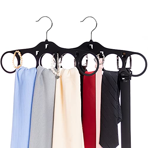 SMARTAKE 2-Pack Scarf Hangers, 5 Loops Tie Rack & Belt Holder with Hooks, 360 Degree Rotatable Accessories Holder, Non-Slip Durable Hanging Closet Organizer for Belts, Bow Ties, Silk Scarves, Jewelry