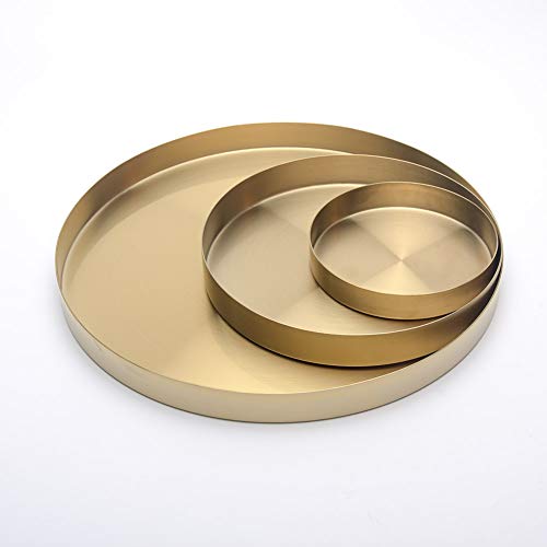 Gold Round Storage Trays, Stainless Steel Metal Presentation Plates, Decorative Storage Organizer Serving Tray for Jewelry/Cosmetic/Kitchen Tableware, Simple Round Storage Dish