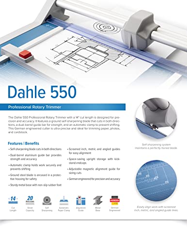 Dahle 550 Professional Rotary Trimmer, 14" Cut Length, 20 Sheet Capacity, Self-Sharpening, Dual Guide Bar, Automatic Clamp, German Engineered Paper Cutter