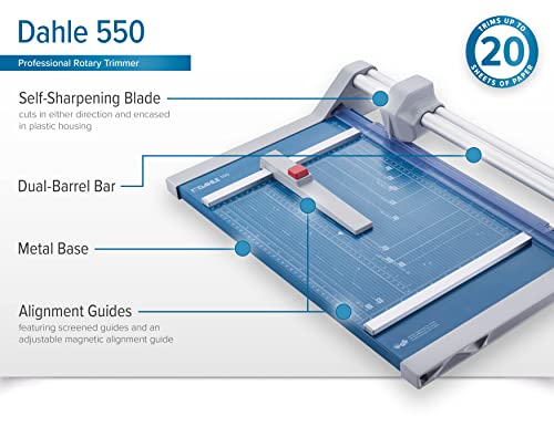 Dahle 550 Professional Rotary Trimmer, 14" Cut Length, 20 Sheet Capacity, Self-Sharpening, Dual Guide Bar, Automatic Clamp, German Engineered Paper Cutter