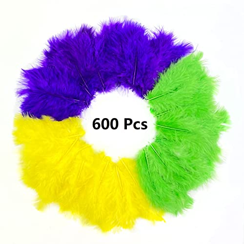 600pcs Mardi Gras Feathers Yellow Green Purple Feather for Mardi Gras DIY Crafts