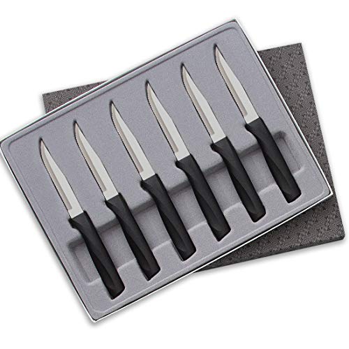 Rada Cutlery Anthem Series Serrated Knife Set Stainless Steel Dining Steak Knives with Ergonomic Black Resin Handles, Set of 6