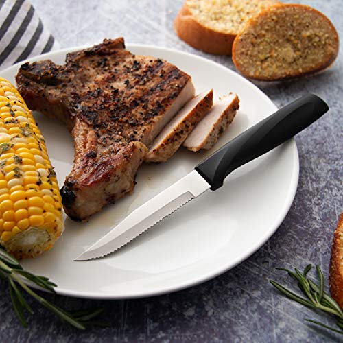 Rada Cutlery Anthem Series Serrated Knife Set Stainless Steel Dining Steak Knives with Ergonomic Black Resin Handles, Set of 6