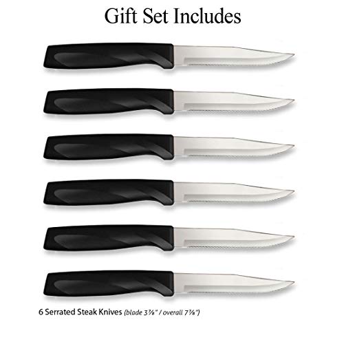 Rada Cutlery Anthem Series Serrated Knife Set Stainless Steel Dining Steak Knives with Ergonomic Black Resin Handles, Set of 6