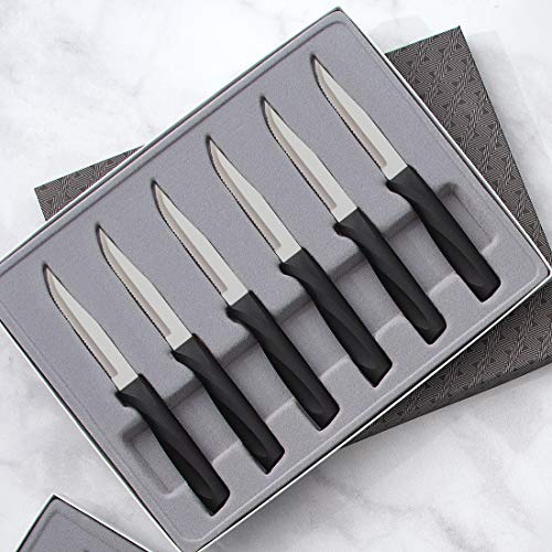 Rada Cutlery Anthem Series Serrated Knife Set Stainless Steel Dining Steak Knives with Ergonomic Black Resin Handles, Set of 6