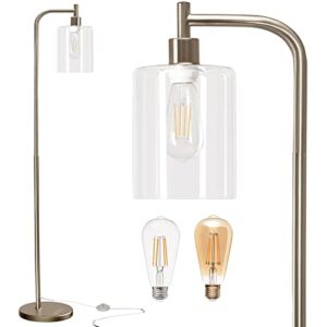 addlon led floor lamp, with hanging glass lamp shade and 2 distinctive led bulbs for bedroom and living room, modern standing industrial lamp tall pole lamp for office, bronze