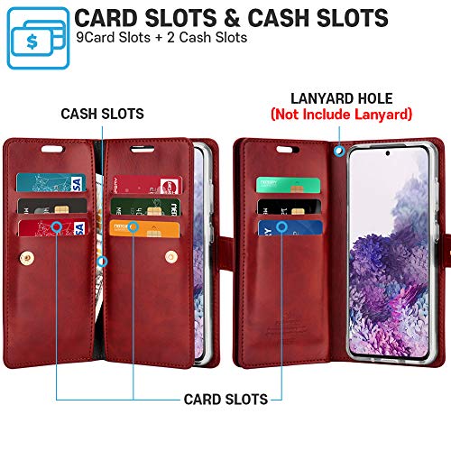 GOOSPERY Mansoor Wallet Designed for Galaxy S20 Case [9 Card Slots+2 Extra Side Pocket] Double Sided Multi-Slot Inner Flap Card Holder Ample Storage Flip Phone Cover - Wine