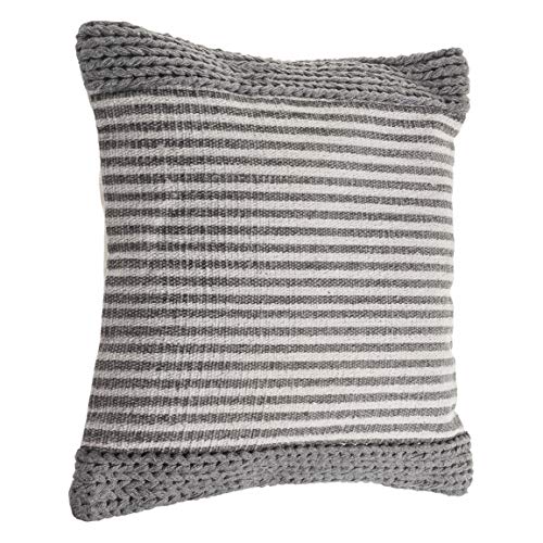 LR Home Farmhouse Striped and Textured Throw Pillow Area Rug, 20" x 20", Gray/Ivory