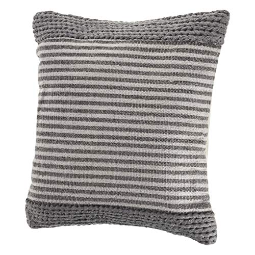 LR Home Farmhouse Striped and Textured Throw Pillow Area Rug, 20" x 20", Gray/Ivory