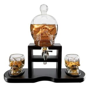 Skull Skeleton Wine & Whiskey Decanter Set 750 mL With 2 Skull 3oz Skeletons Shot Glasses + Mahogany Wooden Base & Pouring Spigot Decor Glass, Goth Spooky Drinking Glassware The Wine Savant