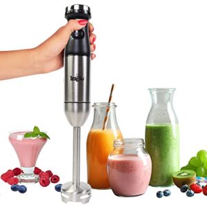 total chef hand blender, variable speed immersion blender, 225w with turbo boost, black and silver, ergonomic handle, stainless steel blade, blend, mix, puree soups, smoothies and dips, easy to clean