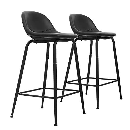 CangLong Faux Leather Back and Footrest Modern Counter Stool Chair Height for Pub Coffee Home Dinning Kitchen, Set of 2, Black