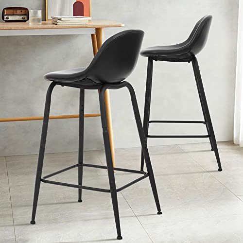 CangLong Faux Leather Back and Footrest Modern Counter Stool Chair Height for Pub Coffee Home Dinning Kitchen, Set of 2, Black