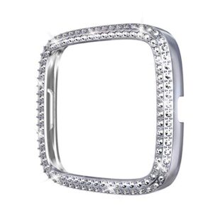 Protector Case Compatible with Fitbit Versa 2 Cover, Bling Double Row Crystal Diamonds PC Plated Bumper Frame Smartwatch Accessories (Clear, Versa 2)