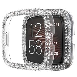protector case compatible with fitbit versa 2 cover, bling double row crystal diamonds pc plated bumper frame smartwatch accessories (clear, versa 2)