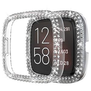 Protector Case Compatible with Fitbit Versa 2 Cover, Bling Double Row Crystal Diamonds PC Plated Bumper Frame Smartwatch Accessories (Clear, Versa 2)