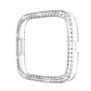 Protector Case Compatible with Fitbit Versa 2 Cover, Bling Double Row Crystal Diamonds PC Plated Bumper Frame Smartwatch Accessories (Clear, Versa 2)