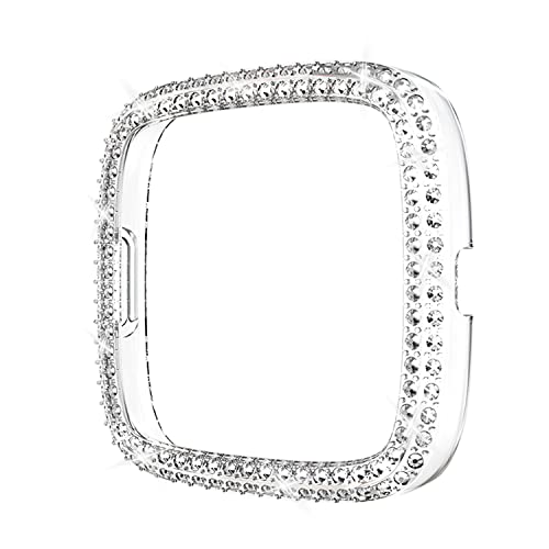 Protector Case Compatible with Fitbit Versa 2 Cover, Bling Double Row Crystal Diamonds PC Plated Bumper Frame Smartwatch Accessories (Clear, Versa 2)