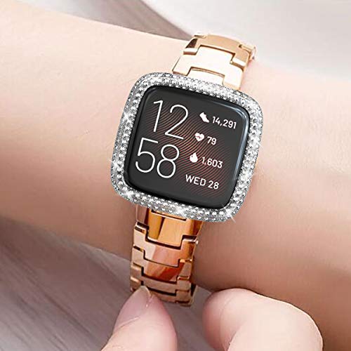 Protector Case Compatible with Fitbit Versa 2 Cover, Bling Double Row Crystal Diamonds PC Plated Bumper Frame Smartwatch Accessories (Clear, Versa 2)