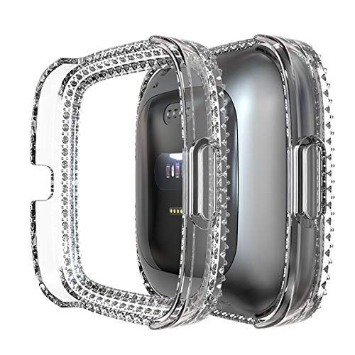 Protector Case Compatible with Fitbit Versa 2 Cover, Bling Double Row Crystal Diamonds PC Plated Bumper Frame Smartwatch Accessories (Clear, Versa 2)