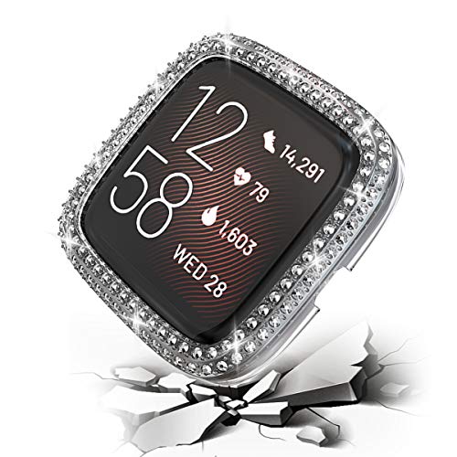 Protector Case Compatible with Fitbit Versa 2 Cover, Bling Double Row Crystal Diamonds PC Plated Bumper Frame Smartwatch Accessories (Clear, Versa 2)