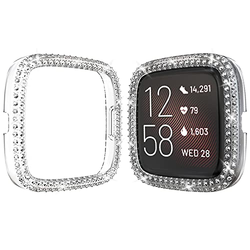 Protector Case Compatible with Fitbit Versa 2 Cover, Bling Double Row Crystal Diamonds PC Plated Bumper Frame Smartwatch Accessories (Clear, Versa 2)