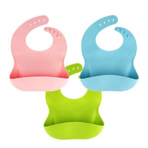 3 pack silicone baby bib for babies & toddlers (6-72 months), waterproof, bpa free, green pink and blue, easy wipe clean
