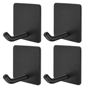 soulips adhesive hooks, self adhesive black wall mount hanger heavy duty rugged 304 stainless steel hooks for robe coat towel, strong sticky hanging hooks for doors kitchen bathrooms office, 4 packs